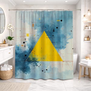 May include: A shower curtain featuring a large, solid yellow triangle centered against a background of blue and white watercolor-style clouds, overlaid with a grid of thin black lines and scattered black dots of varying sizes.