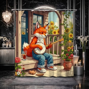 May include: A whimsical shower curtain featuring an anthropomorphic fox playing a banjo on a porch. The fox is orange and white, wearing blue jeans and sneakers. The background includes sunflowers, a wooden porch, and a blue door.