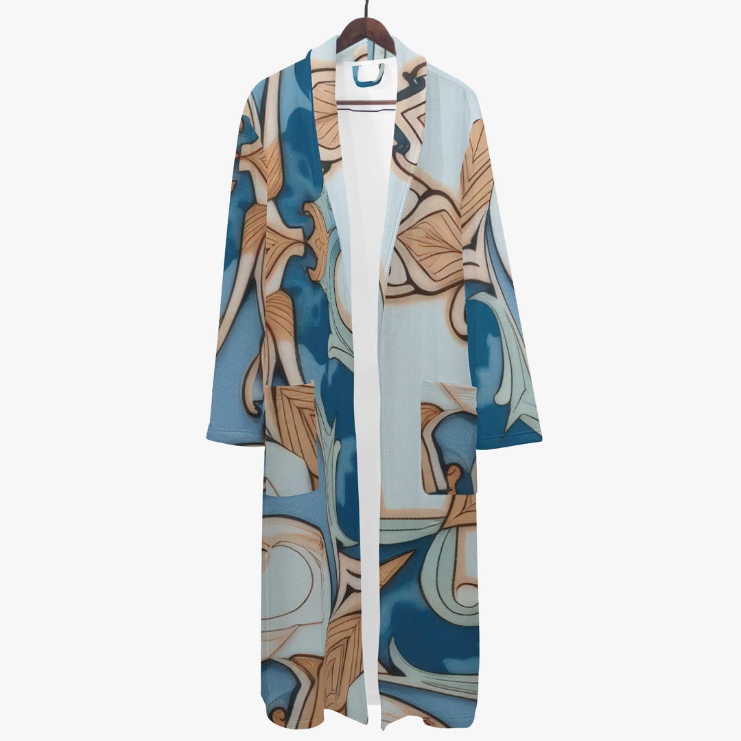 Samurai Bathrobe Mens Abstract Japanese Pattern Blue Beige Tan Art ...