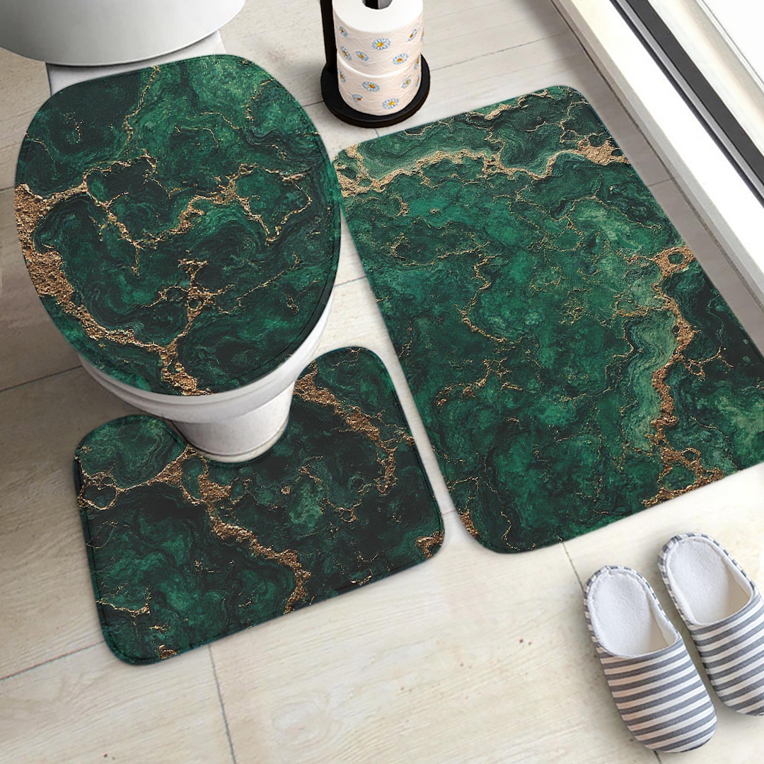 Emerald Green Gold Marble Bathroom Rug Set of 3, Luxury Malachite Bath ...