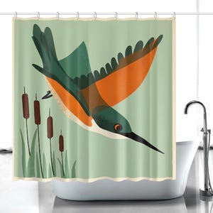 Vogel Duschvorhang Lichtdurchlässig Überlagert Kunst Fliegen Kolibri Grün Orange Retro Kinder Bad Dekor