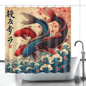 May include: A shower curtain featuring an artistic illustration of koi fish in shades of red, blue, and black, with a backdrop of cherry blossoms and stylized waves. The design has Japanese text on the left side.