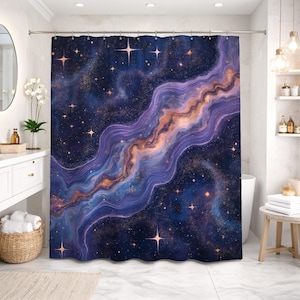 Abstrakt kosmisk galaxkonst duschdraperi, lila nebulosa stjärndekor, mystiskt rymdporträtt, 72x72