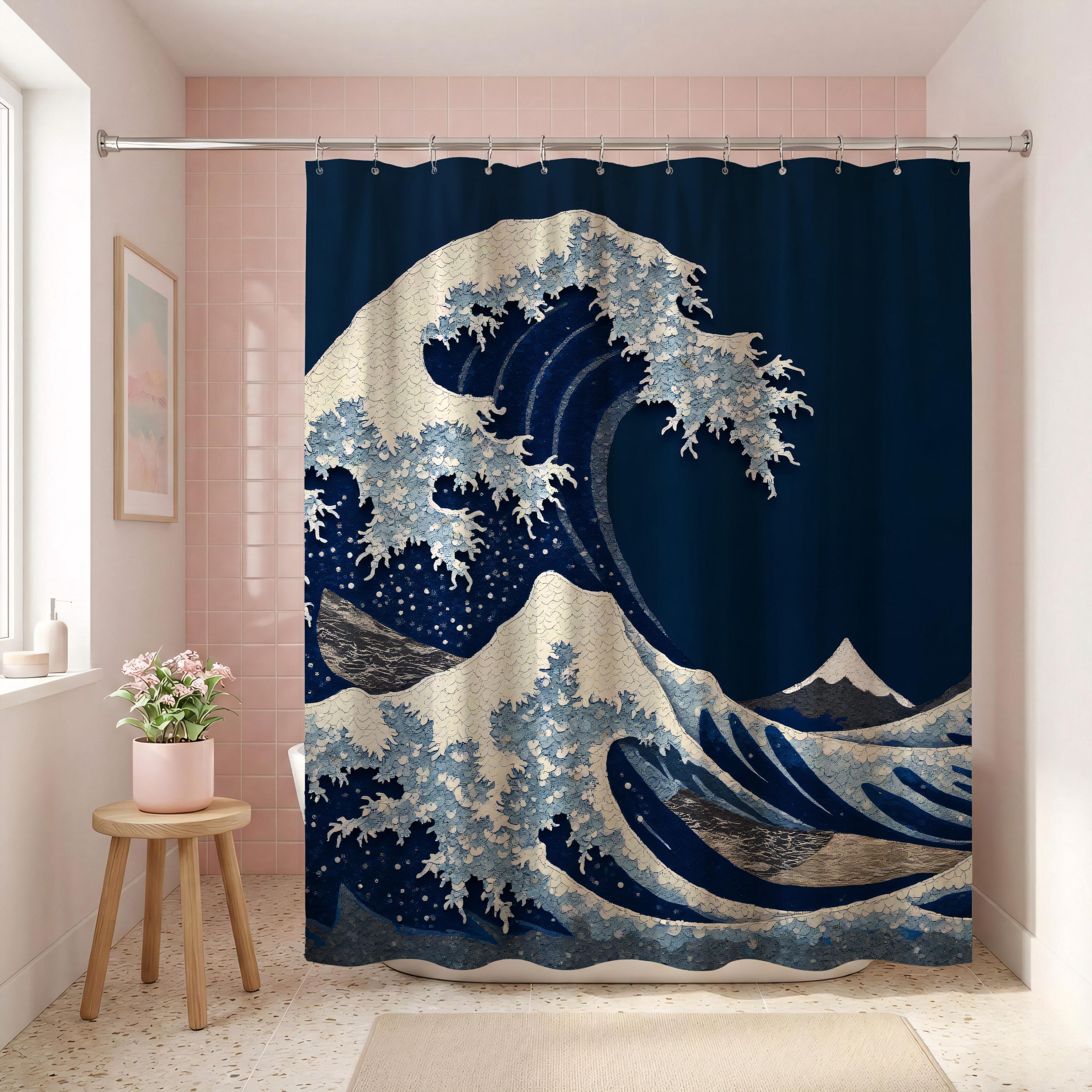 Wave Mosaic Shower Curtain, Hokusai Japanese Ocean Art, Waterproof