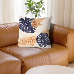 Fodera per cuscino decorativo con foglie tropicali, fodera per cuscino in lino blu navy con motivi botanici, soggiorno in stile moderno di metà secolo