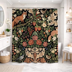 May include: A black shower curtain featuring a detailed floral and fauna design. The pattern includes foxes, birds, roses, strawberries, and other berries and flowers in shades of red, orange, green, and cream.