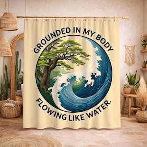 Zen Shower Curtain Yin Yang Bonsai Wave Typography Blue Green Beige Japandi Bathroom