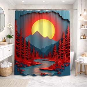 Puede incluir: Cortina de ducha con un paisaje estilizado. Presenta un gran sol amarillo, árboles rojos, montañas azules y un río. El diseño tiene un efecto de corte de papel en capas, creando profundidad. Una adición vibrante a cualquier baño.