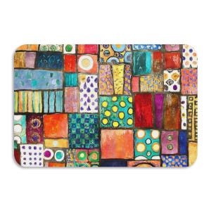 May include: Rectangular art piece with a colorful patchwork design. The artwork features a variety of shapes and patterns in shades of red, orange, blue, green, and yellow. The design includes polka dots, stripes, and geometric shapes.
