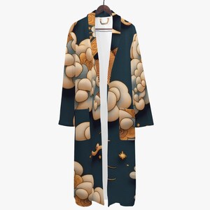 May include: A long, open-front robe with a dark teal background and a repeating pattern of stylized clouds in cream and gold. The robe has long sleeves and two front pockets. The design includes stars and other celestial elements.
