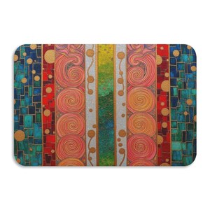 May include: A rectangular, colorful art piece with a mosaic-like design. The artwork features vertical stripes of blue, red, silver, green, and yellow, with gold accents and swirling patterns in shades of pink and orange.
