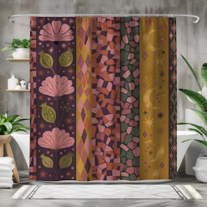 May include: A shower curtain featuring vertical panels with distinct patterns: pink flowers and green buds on a dark purple background, orange diamonds, a geometric mosaic of pink and brown shapes, dark green stone textures, and gold moons and stars.