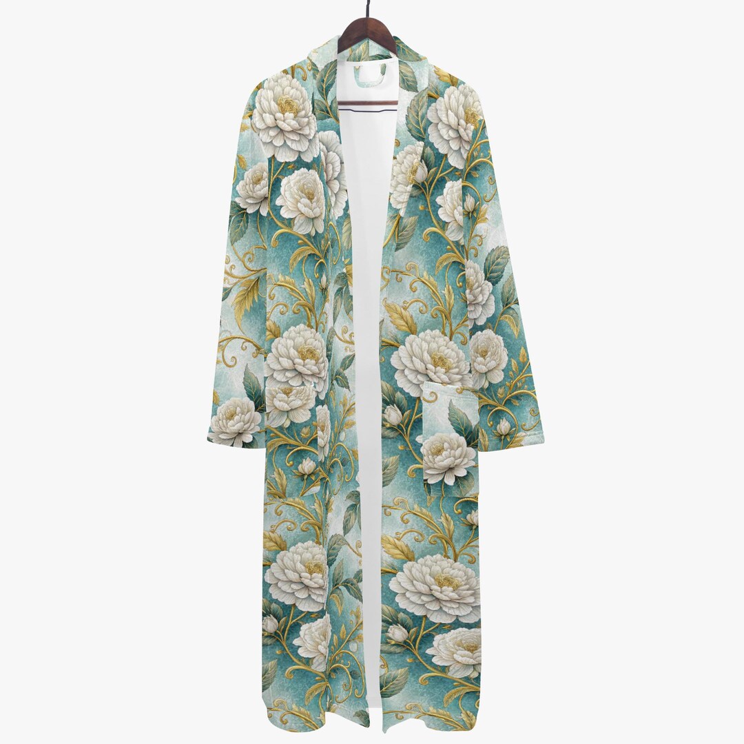 Flower Robe For Men Mens Floral Robe Art Nouveau Peony Vine Print Aqua Gold Victorian ...