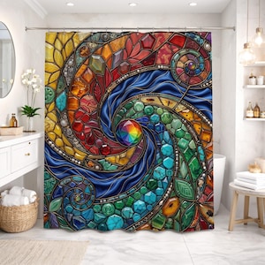 May include: A colorful stained-glass shower curtain with a swirling design. The curtain features a vibrant array of colors, including red, yellow, blue, and green, with a central rainbow-colored gem. The design is reminiscent of a mosaic.
