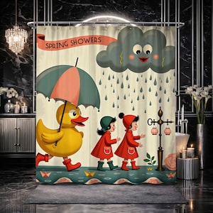 May include: A whimsical shower curtain featuring a cartoon duck with an umbrella, two children in red coats, and a smiling cloud with rain. The words "SPRING SHOWERS" are displayed on a banner. The design is set against a cream-colored background.