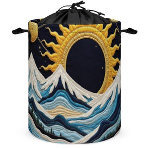 Celestial Sun Mountain Gold Blue Laundry Basket Quilted Illusion Boho Mystical Bedroom Organizer Storage Hamper