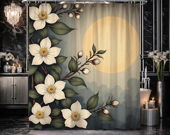 Magnolia Floral Shower Curtain Art Nouveau Style Cream Green Botanical Decor