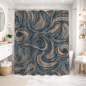 May include: A shower curtain with an abstract, swirling design. The pattern is made up of small dots in shades of blue, tan, and black, creating a textured, artistic appearance. The curtain is displayed in a bathroom, adding a decorative touch.
