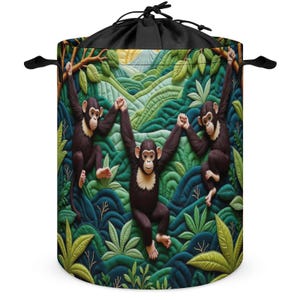 Playful Monkey Green Laundry Basket Faux Quilted Jungle Eclectic Nursery Room Hamper