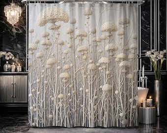 White Plaster Art Shower Curtain, Faux Textured Cream Floral Print, Minimalist Japandi Bathroom Decor