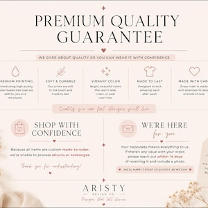 Pode incluir: Um gr&aacute;fico informativo de cor clara intitulado Premium Quality Guarantee. Apresenta sec&ccedil;&otilde;es sobre impress&atilde;o, durabilidade e apoio ao cliente, incluindo texto sobre encomendas personalizadas, devolu&ccedil;&otilde;es e um agradecimento pelo apoio &agrave; empresa.