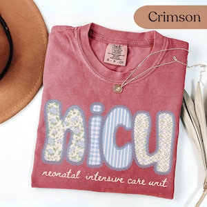 May include: Crimson-colored t-shirt with the letters "NICU" in a patchwork design. The letters are decorated with floral and striped patterns. The text "neonatal intensive care unit" is below the letters. A gold necklace with a pendant is on the shirt.