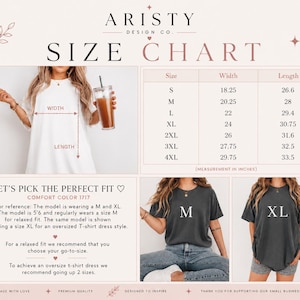 Pode incluir: Uma tabela de tamanhos para camisetas Comfort Color 1717 da Aristy Design Co. A tabela exibe medidas de largura e comprimento em polegadas para os tamanhos S a 4XL. Inclui exemplos visuais de um modelo vestindo camisetas nos tamanhos M e XL.
