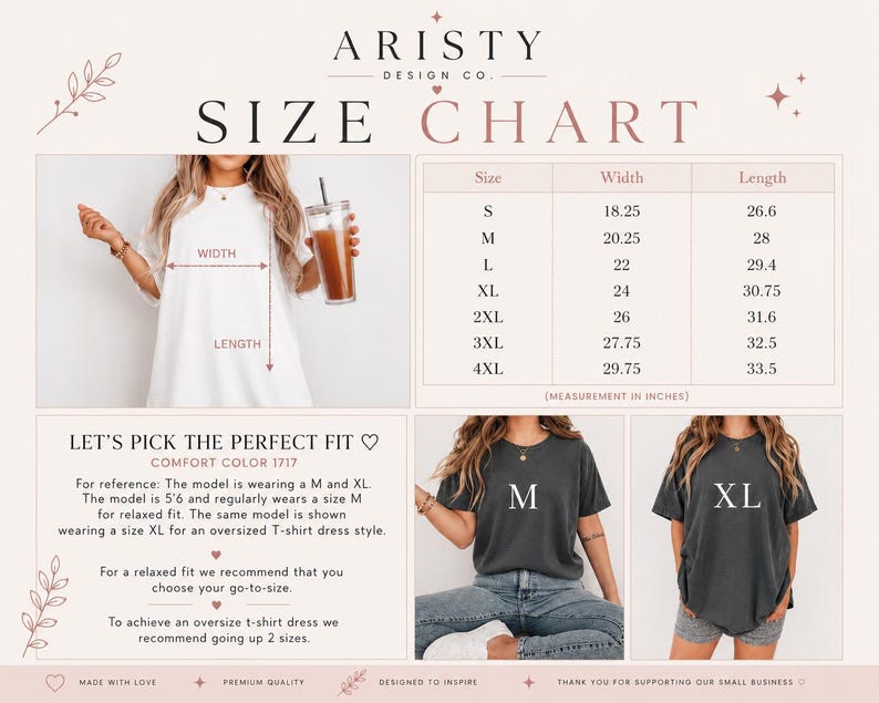 Pode incluir: Uma tabela de tamanhos para camisetas Comfort Color 1717 da Aristy Design Co. A tabela exibe medidas de largura e comprimento em polegadas para os tamanhos S a 4XL. Inclui exemplos visuais de um modelo vestindo camisetas nos tamanhos M e XL.