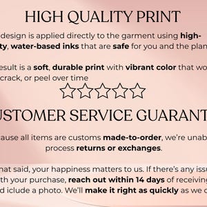 May include: A graphic with text about high-quality printing and customer service. The text highlights the use of water-based inks, a soft and durable print, and a customer service guarantee. The background is a light pink color.