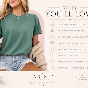 Pode incluir: Uma t-shirt de manga curta verde-escura lisa com decote redondo. O texto &agrave; direita diz: WHY YOU'LL LOVE, 100% RING-SPUN COTTON, SOFT AND COMFORTABLE, UNISEX WITH A RELAXED FIT, DIVERSE COLOR OPTIONS, AVAILABLE IN SIZES S TO 2XL.