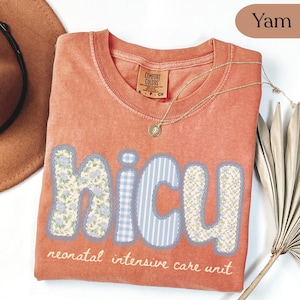 May include: A yam-colored Comfort Colors t-shirt with the word "NICU" in a patchwork design. The letters feature floral, gingham, and striped patterns. The text "neonatal intensive care unit" is below the letters. A gold necklace is draped across the shirt.