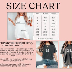 May include: A size chart with measurements in inches for t-shirt dresses, ranging from size S to 4XL. The chart includes width and length dimensions. The text "LET'S PICK THE PERFECT FIT" is also present, along with images of models wearing different sizes.