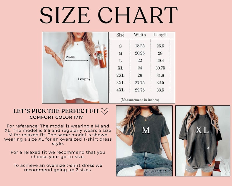 May include: A size chart with measurements in inches for t-shirt dresses, ranging from size S to 4XL. The chart includes width and length dimensions. The text "LET'S PICK THE PERFECT FIT" is also present, along with images of models wearing different sizes.
