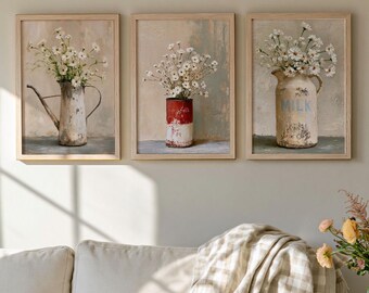 Set of 3 Floral Painting Prints, Farmhouse Gallery Wall Art, Rustic Neutral Cottagecore Decor