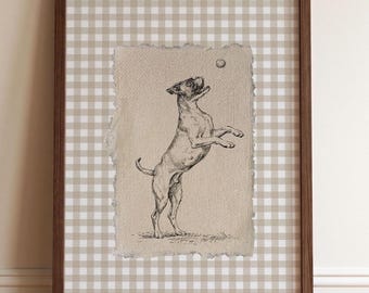 Boxer Dog Illustration Wall Art Print, Cottagecore Gingham Framed Print, French Country Decor