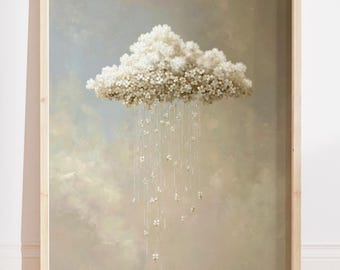 Impression d'art nuage floral, décoration cottagecore beige neutre