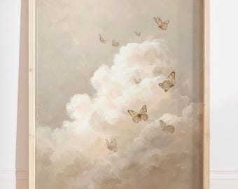 Impression d'art mural papillons nuage, décoration de chambre d'enfant vintage