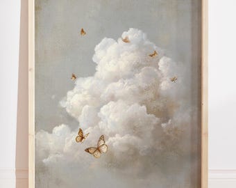 Impression d'art papillon nuage, décoration murale vintage Cottagecore