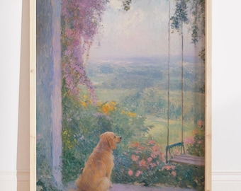 Monet Golden Retriever Pastel Oil Painting Print, Floral Landscape Wall Art, Wildflower Painting