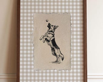German Shepherd Illustration Wall Art Print, Cottagecore Gingham Framed Print, French Country Decor