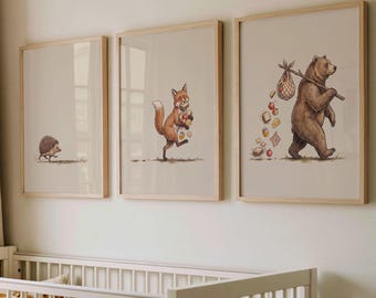Framed Woodland Animal Nursery Wall Art Prints, Cottagecore Kids Room Decor, Playroom Wall Art Set