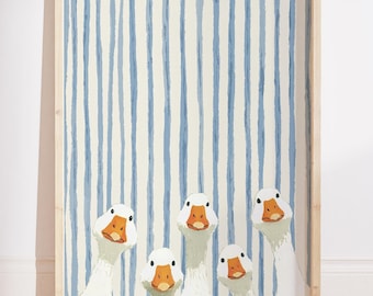 Silly Goose Boy Nursery Art Print, Blue Striped Nursery Decor