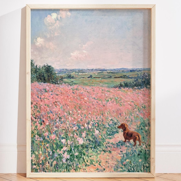 Monet Wildflower Pastel Oil Painting Print, Dachshund Weiner Dog Art, Floral Landscape Wall Art