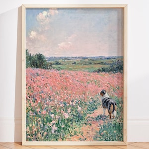 Monet Pastel Wildflower Oil Painting Print, Floral Landscape Wall Art, Australian Shepherd Art