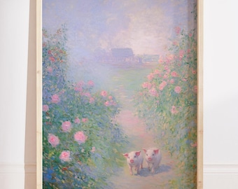 Monet Pastel Piglet Oil Painting Print, Vintage Farm Animal Nursery Wall Art, Whimsical Floral French Country Art