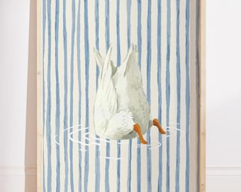 Pastel Baby Blue Stripes Goose Wall Art, Silly Goose Boy Nursery Art Print, Boy Nursery Decor