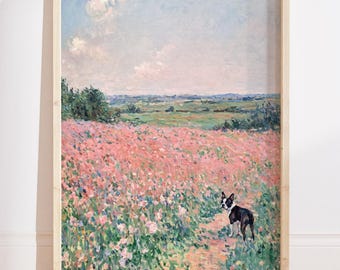 Boston Terrier Oil Painting Print, Monet Pastel Wildflower Art, Floral Landscape Wall Art