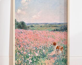 Brittany Spaniel Oil Painting Print, Monet Wildflower Floral Landscape Dog Art