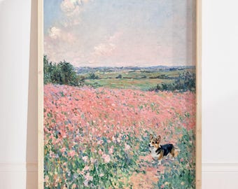 TriColor Corgi Painting Print, Monet Wildflower Floral Landscape Dog Art, Dog Lover Gift