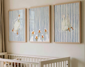 Set of 3 Framed Silly Goose Nursery Art Prints, Blue Pink Striped Whimsical Kids Room Decor